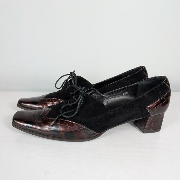 Y2K Leather Heels Lace Up Loafers 9.5 Black Brown Wingtip Suede Square Academia - Picture 4 of 11